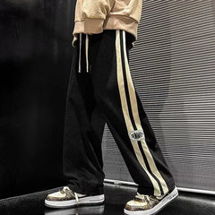 HEARUJOY  -  Side Striped Corduroy Wide-Leg Pant Men Korean Fashion Hip Hop Cargo Pant Loose Casual Straight Sports Outdoor Running Pant