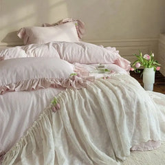 YICKYUE  -  French Lace Ruffles Princess Wedding Bedding Set Pure Cotton Double Layer Yarn Soft Duvet Cover Flat/Fitted Bed Sheet Pillowcase