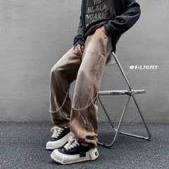 Hearujoy High Street Tie-dye Jeans Chain Decor Straight Denim Pants Men Baggy Fashion Jean Pants Mens Loose Casual Couple Clothing