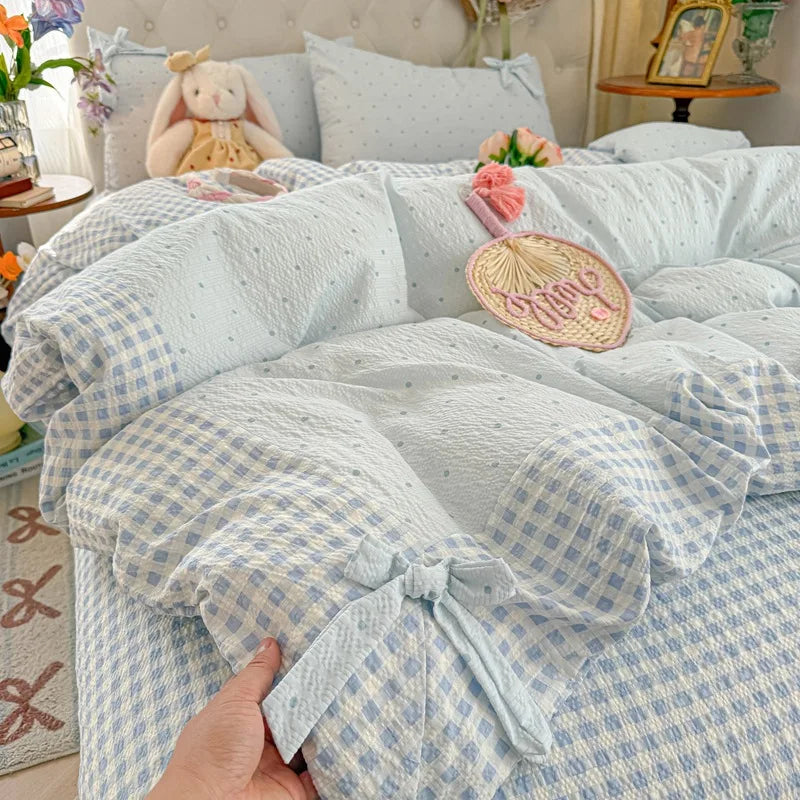 YICKYUE  -  3/4Pcs Bedding Set Plaid Polka Dot Cotton Bedding Princess-Style For Home Double Bed Duvet Cover Bed Sheets With Pillowcase