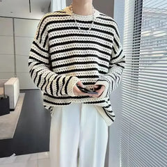 Hearujoy Stripe Knit T Shirts for Men Japan Korean Male Tops Luxury 90s Vintage Pullover F Polyester Elasticity Autumn New A Clothes