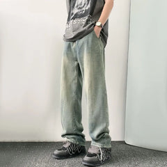 Hearujoy Summer New Fashion Casual Retro Distressed High Street Straight Jeans Men'S Loose Korean Style Trendy Wide Leg Long Pants Men
