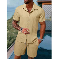 HEARUJOY  -  Fashion Men Two Piece Sets Cardigan Short Sleeve Lapel Shirts And Short Pant Men Stripe Outfit Summer Casual Loose Suit