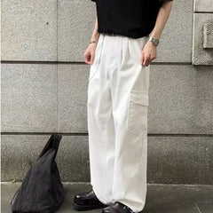 HEARUJOY  -  Big Pocket White Mens Cargo Pants Loose Straight Tube High Street Trousers Solid Simplicity Trend Wide Legs Overalls