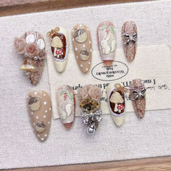YICKYUE  -  New Heavy Industry Cartoon Short Press on Nails Cute False Nails with Squirrel Relief Sculpture Handmade Nail Tips 네일팁