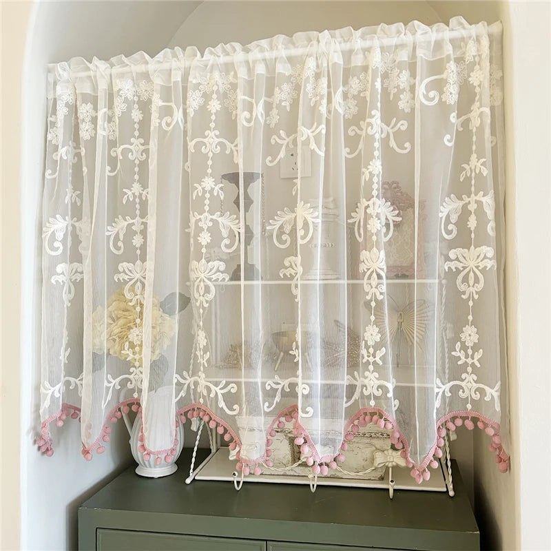 YICKYUE  -  French Romantic Short Curtain White Lace Curtain Kitchen Bathroom Half Curtains for Livingroom Embroidery Door Curtain Custom
