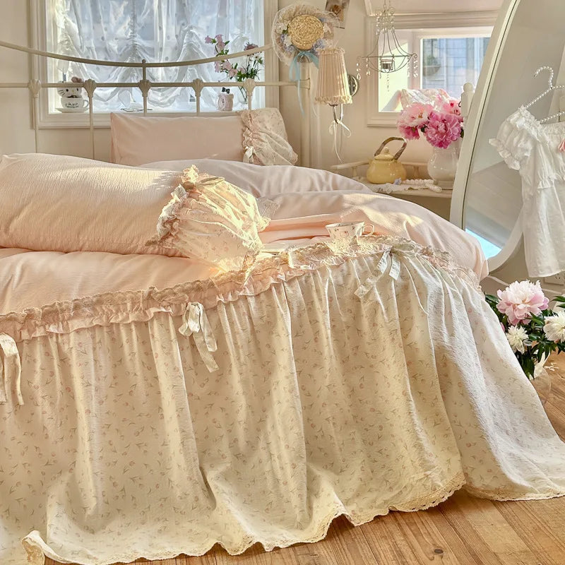 YICKYUE  -  3/4Pcs Bedding Set French-Inspired, Girly, Princess-Style Bows and Lace Pink Duvet Cover Pillowcase Bedding Full Set Double Bed
