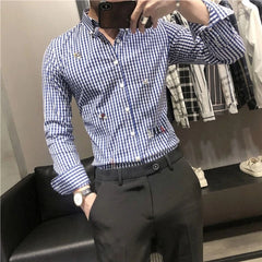 HEARUJOY  -  Stylish Men's Work Shirt Hairdresser Uniform Plaid Long Sleeve Slim Fit Autumn Fashion