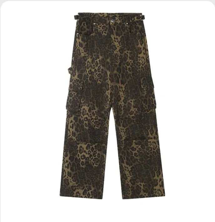 Hearujoy Y2k Retro Punk Baggy Jeans Multi Pocket Leopard Print Cargo Pants Women Slouchy Hip Hop Straight Wide Leg Pants Streetwear