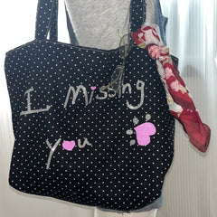YICKYUE  -  Korean Vintage Canvas Shoulder Bag Women Cute Lace Large Capacity Tote Bag Multi Pocket Handbag Fashion Round Dot Underarm Bag