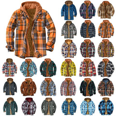 HEARUJOY  -  Men'S Winter Plaid Hooded Jacket Lapel Pocket Hooded Padded Loose Shirt Top Jacket Winter Korean Thickened Fleece Fluffy Jacket