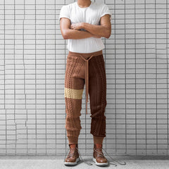 Hearujoy Mens Color Block Casual Knitted Pants Autumn Winter Genderless Fashion Trend American Contrast Color Ribbed Cuff Trousers Unisex