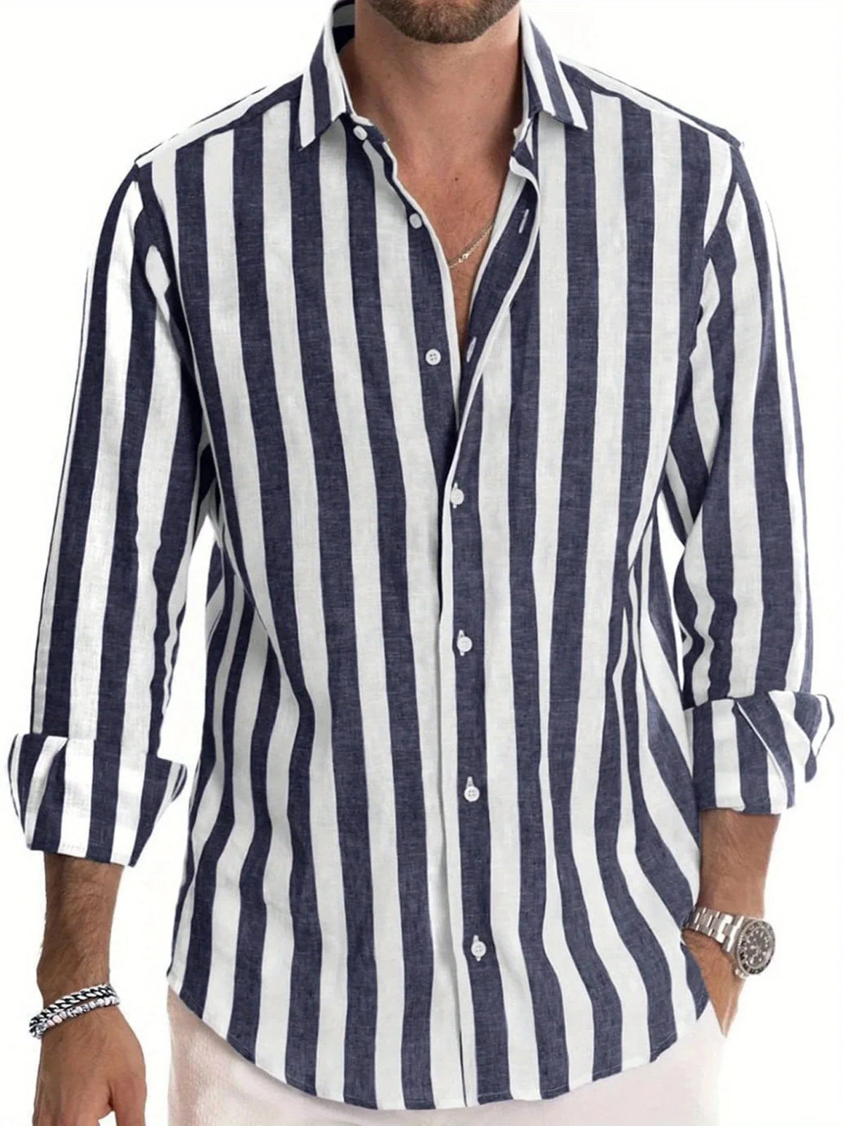 YICKYUE  -  Men's Long Sleeve Striped Button Down Shirt New Fashion Casual Turn Down Collar Top