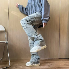 HEARUJOY  -  Y2K Streetwear Washed Blue Baggy Stacked Jeans Pants For Men Clothing Straight Old Hip Hop Denim Trousers Pantalones Hombre