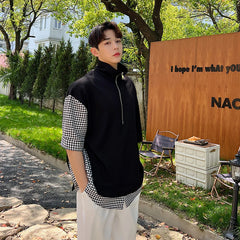 Hearujoy Korea Summer Loose Casual Zipper Men's Shirt Stitching Fashion Designer Clothes Short Sleeve Contrast Color mens t shirts