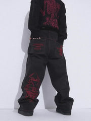 Hearujoy Y2K Pants Mens Hip Hop Retro Skull Embroidery Washed Baggy Pants Skeleton Casual Loose Wide Leg Trousers Male Streetwear