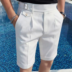 HEARUJOY  -  Fashion Summer Men British Style Naples Suit Shorts Smart Casual Paris Waist Buckle Button Knee Length Pants Shorts Streetwear