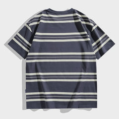 HEARUJOY  -  Men's Striped Short Sleeved T-shirt Japanese Retro Style Summer Round Neck Tshirt Streetwear Casual Loose Stripe Tops Tee