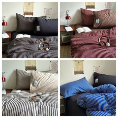 YICKYUE  -  3/4pc New Mix Color Striped Bedding Set Washed Cotton Duvet Cover Set+Sheet+Pillowcases for Single Full Queen Home Bedlinens