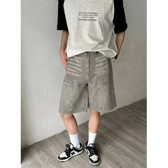 HEARUJOY  -  American Mens Summer Denim Shorts Trendy Retro Multiple Pockets Punk Mid Pants Tooling Loose Cowboy Five Quarter Pants Male