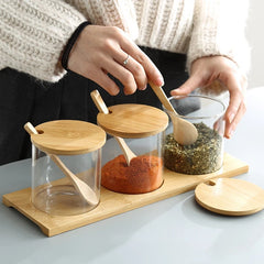 YICKYUE  -  3Pcs Condiment Jars Set Clear Glass Bamboo Lid Spice Jar with Spoon Kitchen Sugar Salt Spices Storage Box Household Container