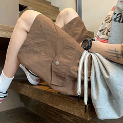 HEARUJOY  -  Baggy with Draw String Half Elastic Waist Mens Cargo Shorts Solid Loose Pockets Wide Short Pants for Men Long Bermuda New in Y2k