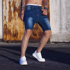 HEARUJOY  -  Men New Denim Shorts Knee Length Shorts Zipper Fly Solid Mid Waist Summer Spliced Pockets Casual Distressed Washed Skinny 2025