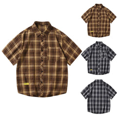 HEARUJOY  -  Mens Plaid Loose Label Short Sleeved Shirt Youth Fashion Cardigan Casual Shirt Chest Pocket Men'S Autumn Shirt