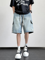 HEARUJOY  -  Summer Denim Shorts Men Korean Fashion Wide Leg Straight Jean Short Male Multi-Pocket Loose Fit Denim Cargo Shorts