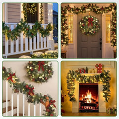 YICKYUE  -  Christmas Garland Wreath 1.8M, Artificial Rattan with LED Pinecones Red Berries for Front Door Fireplace Stairs Xmas Decoration
