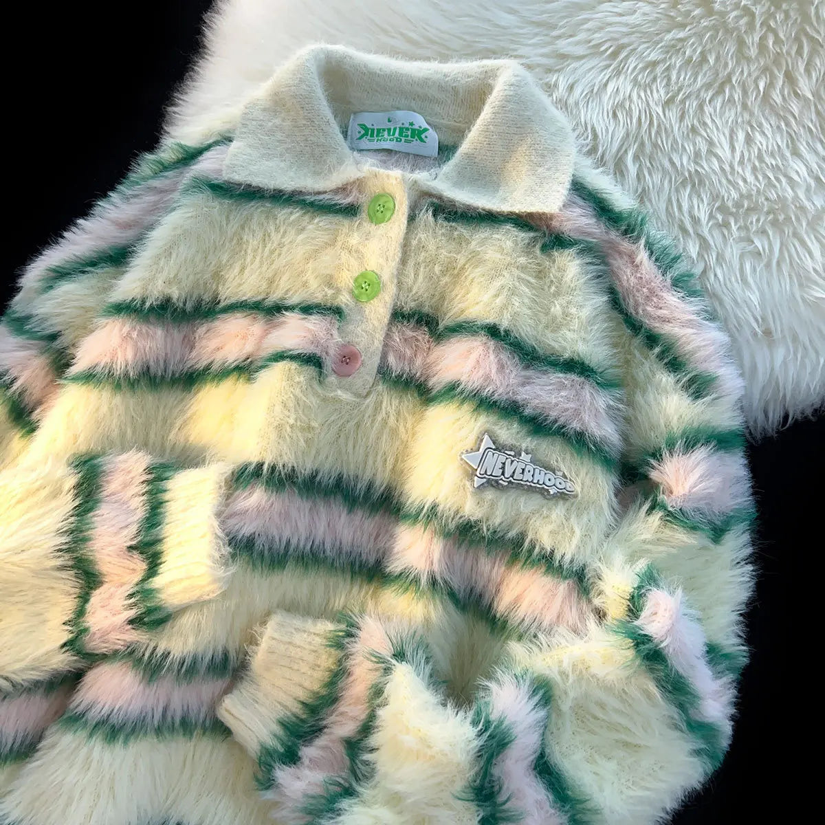 YICKYUE  -  Japan Vintage Style Striped Mink Fur Polo Knit Shirt Men Long Sleeved Loose Mohair Knitwear Autumn Winter Fashion Sweater Tops