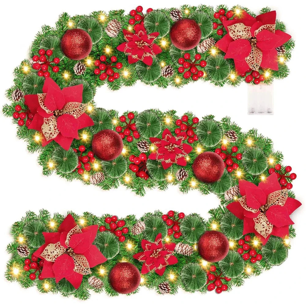 YICKYUE  -  2.7M Christmas Garland Decorations with Lights, Christmas Wreath for Home Party Front Door Fireplaces Stairs LED Rattan Garland