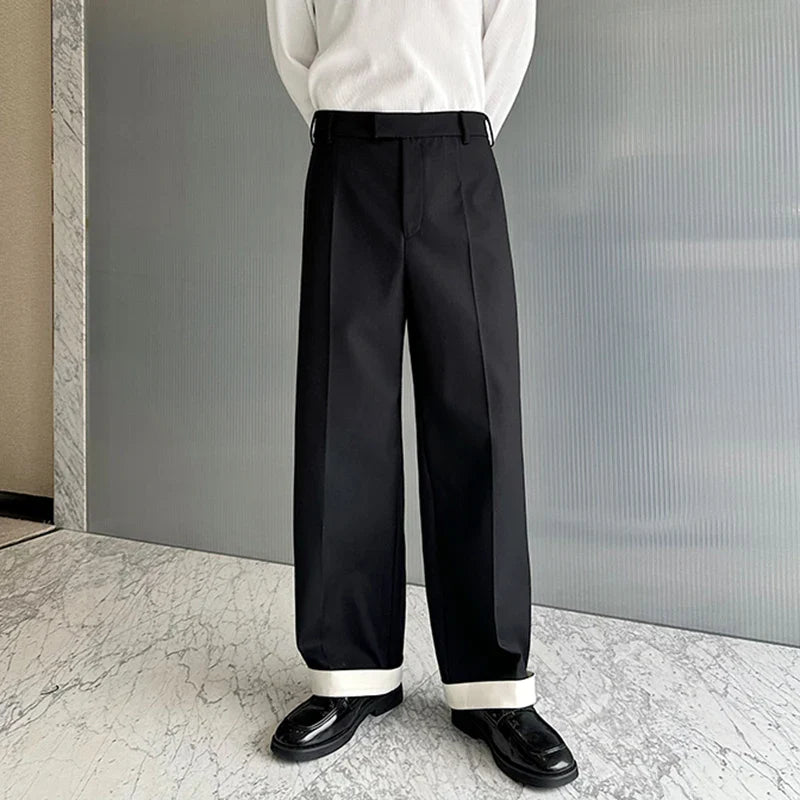 Hearujoy Autumn Wide Leg Suit Pants Men Contrast Color Cuffed Hidden Buckle Design Personalized Versatile Straight Pants 9C7057