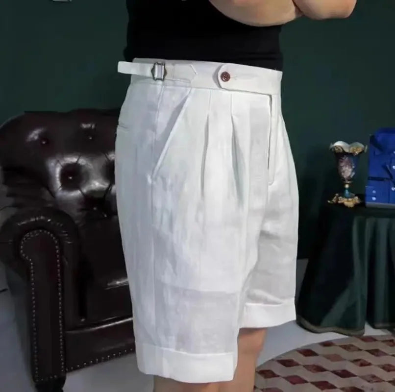 HEARUJOY  -  Summer British Style Men Naples Cotton Linen Shorts Paris Waist Buckle Knee Solid Breathable High Quality Casual Loose Shorts