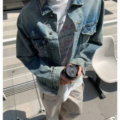 HEARUJOY  -  High Street Washed Denim Jacket Mens Trends New Spring Streetwear Single Breasted Casual Hip Hop Coats Loose Cowboy Outwear