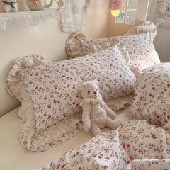 YICKYUE  -  100% Cotton Double Layer Lace Ruffle Floral Bedding Set Vintage Rose Print Duvet Cover Flat Sheet/Fitted Sheet Pillowcase 3/4Pcs