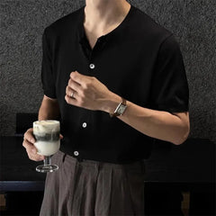 HEARUJOY  -  Men's Solid Color Knitted Cardigan Short-Sleeved Shirt American Retro Fashion Trend Street Loose Breathable Niche Men's Tops
