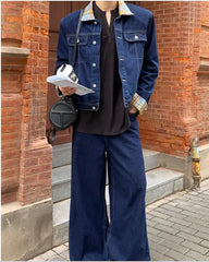 HEARUJOY  -  New Grid Retro Denim Two-piece Set Mens Lapel Color Blocking Street Cowboy Coats+Wide Leg Jeans Suits Hip Hop Trend Sets Unisex