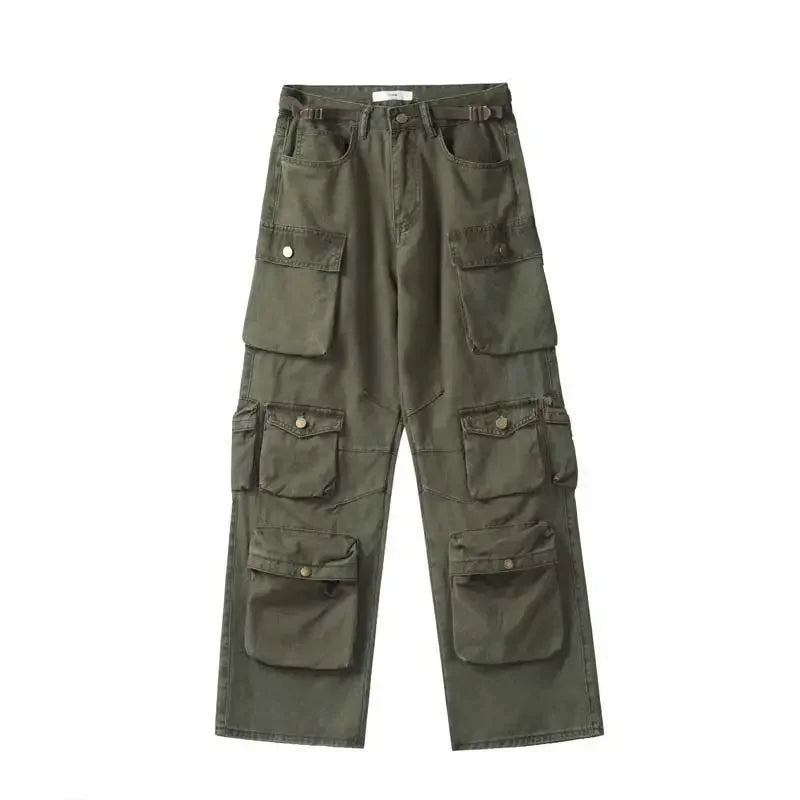Hearujoy Vintage heavy industry functional wind multi-pocket cargo pants womens hiphop casual high waist pants streetwear women y2k pants