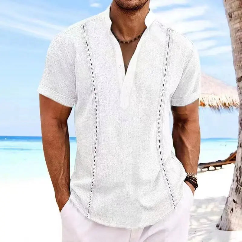 HEARUJOY  -  Men's Shirt Cotton Linen Blouse Spring Summer Casual Solid Stripe Short Sleeve Male Shirts Pullover Tees Shirts Men Clothes