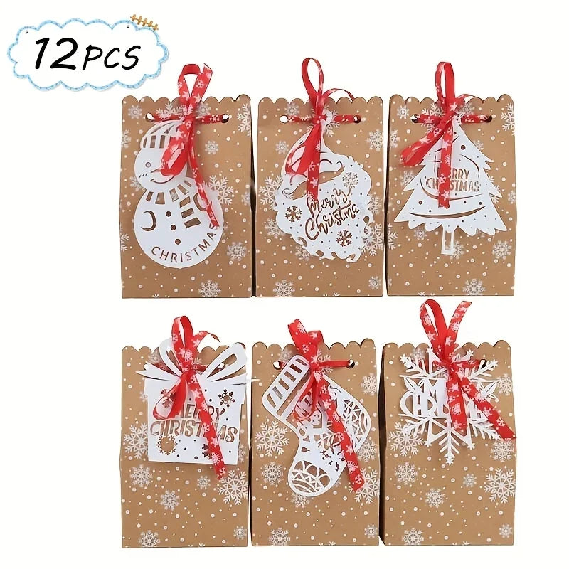 YICKYUE  -  12 Pcs Christmas Kraft Paper Gift Bags With Hanging Tags And Xmas Ribbon, Holiday Treat Sacks With Snowman, Santa, Tree, Sock