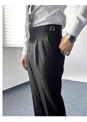 HEARUJOY  -  Italian Paris Buckle Naples Suit Pants For Men Smart Casual High Waist Straight Trousers Autumn Fashion Pleated Waffle Pants