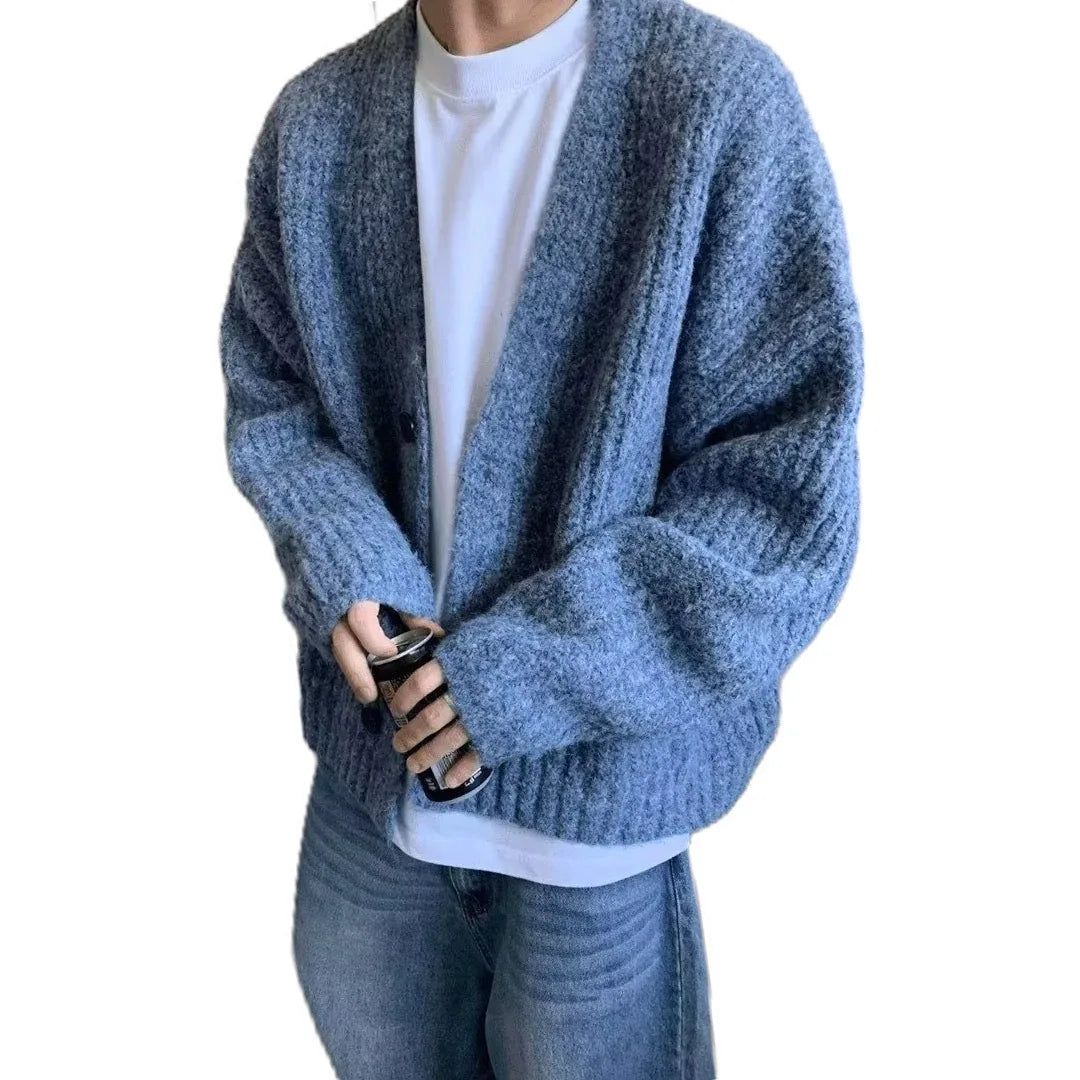 YICKYUE  -  Vintage American Style Men Loose Sweater Outwear Autumn Winter Heavy Duty V-neck One button Coarse Knitted Cardigan Coat