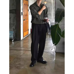 HEARUJOY  -  Casual Men's Pleated Dark Grey Western Pants Buckle Design Wide Leg Pants Versatile Long Trousers for Business And Leisure