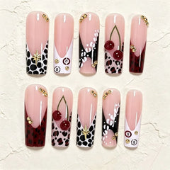 YICKYUE  -  24Pcs Press-On Nails Extra-Long Square Nails with Retro Leopard Print French Tip and Cherry Gold Beads—Perfect for Everyday Wear