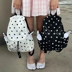 YICKYUE  -  Retro Japanese Style Polka Dot Flash Diamond Angel's Wings Backpack Lightweight Foldable Style Cute Schoolbag Nylon Backpack