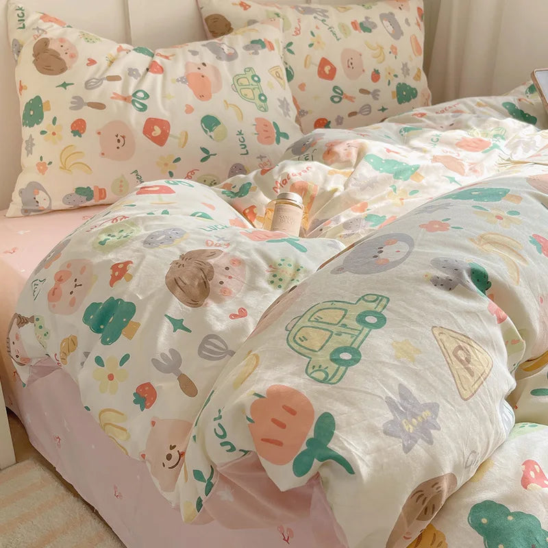 YICKYUE  -  New Pure Cotton Cute Printed Bedding Sets Cartoon Nude Sleeping Skin Friendly Comforter Set Adult Bedsheet Kit for All Seasons