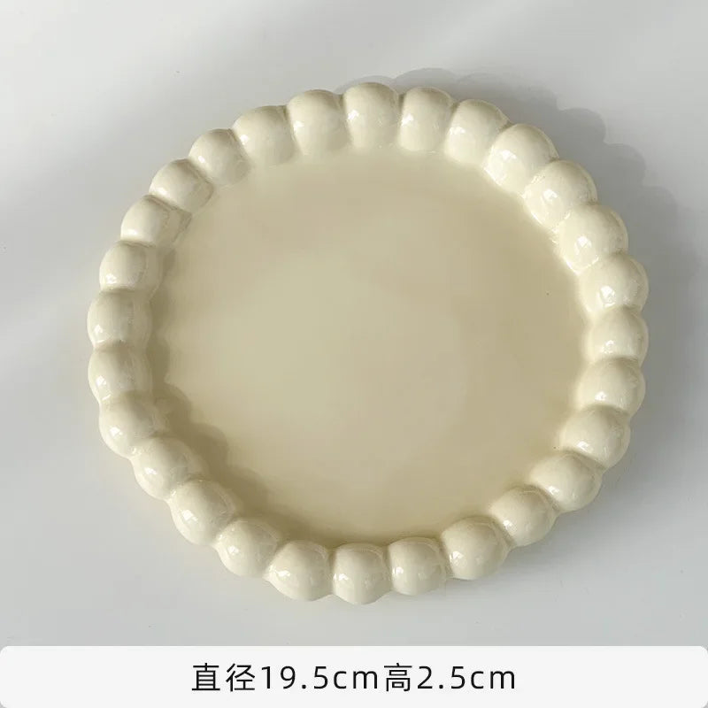 YICKYUE  -  White/Yellow Beads Ceramic Plate Round Tableware Main Dish Western Food Decorative Plate Kitchen Utensils Cake Decorative Tray