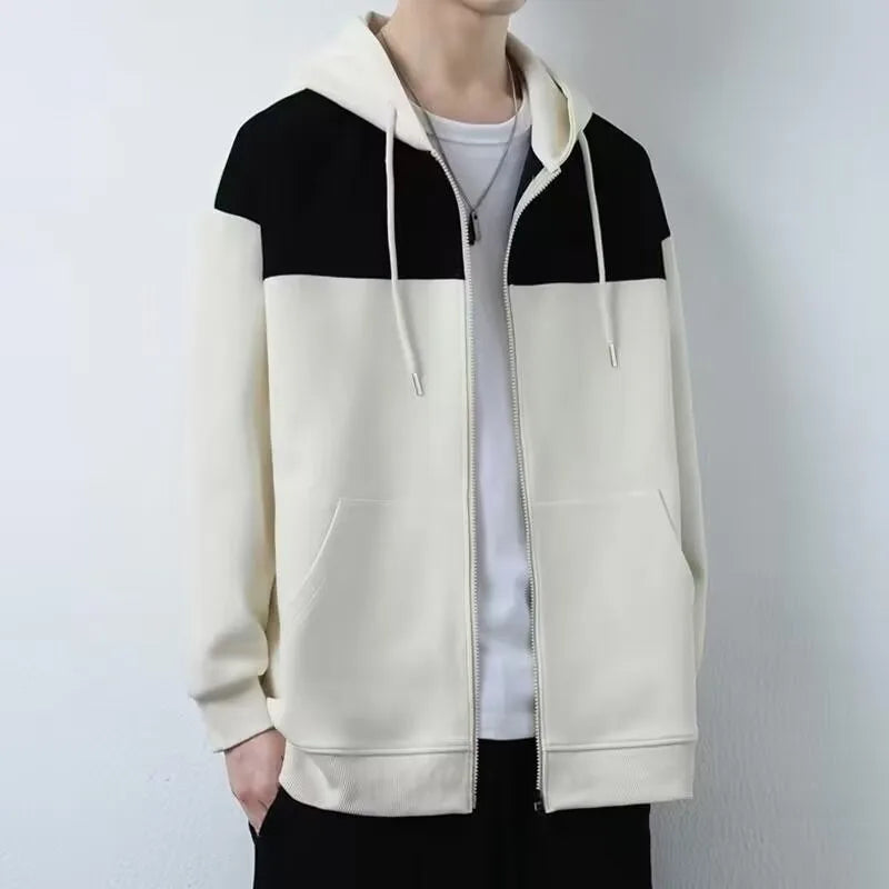 HEARUJOY  -  Autumn Winter Mens Fashion Minimalist Versatile Hooded Cardigan Sweatshirt Classic Loose Patchwork Casual Sports Jacket