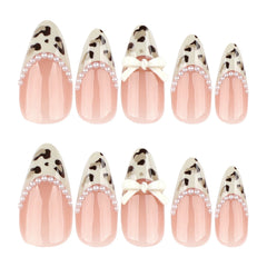 YICKYUE  -  Wearable Press On Nails Leopard Print Almond False Nails French Style Nail Tip With Pearl Bow Design Women Girls Manicure 24pcs